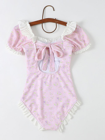 甘ロリータ衣装 フリル 花柄 半袖 ジャンプスーツ 帽子つき ピンク