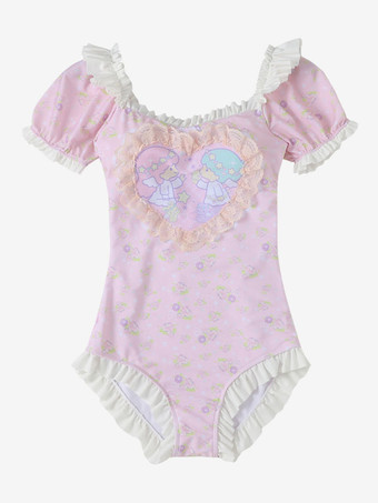 甘ロリータ衣装 フリル 花柄 半袖 ジャンプスーツ 帽子つき ピンク