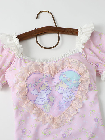 甘ロリータ衣装 フリル 花柄 半袖 ジャンプスーツ 帽子つき ピンク