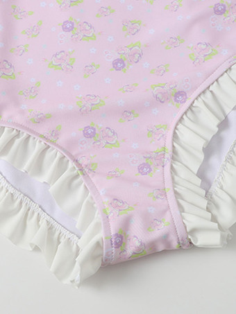 甘ロリータ衣装 フリル 花柄 半袖 ジャンプスーツ 帽子つき ピンク