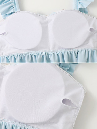 甘いロリータ衣装ライトスカイブルーフリル花柄ノースリーブスカートパンツトップ