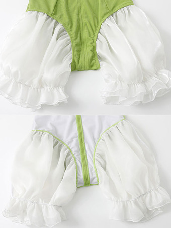Sweet Lolita Swimsuits Green Bows Ruffles Sleeveless One Piece