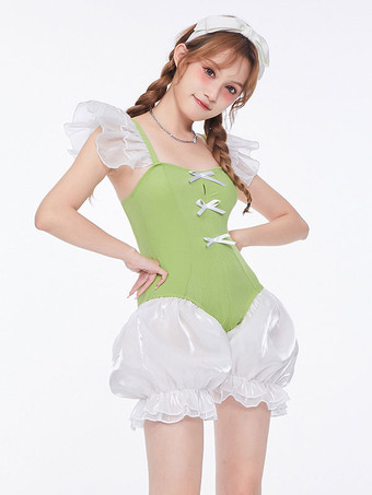 Green Sweet Lolita Swimsuits Green Bows Ruffles Sleeveless One Piece