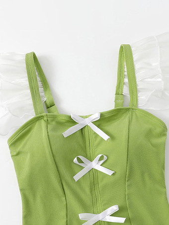 Sweet Lolita Swimsuits Green Bows Ruffles Sleeveless One Piece