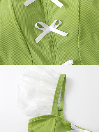 Sweet Lolita Swimsuits Green Bows Ruffles Sleeveless One Piece