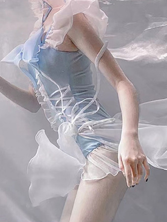 スウィート ロリータ水着 ライト スカイブルー リボン フリル 半袖 ジャンプスーツ