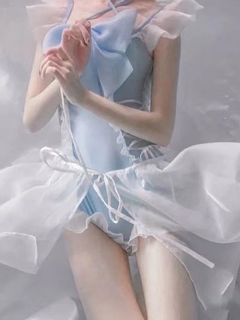 スウィート ロリータ水着 ライト スカイブルー リボン フリル 半袖 ジャンプスーツ