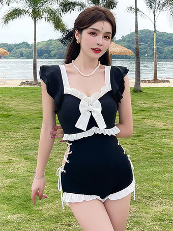 ブラック 甘いロリータ水着 フリル リボン レースアップ ノースリーブ ジャンプスーツ ピンク