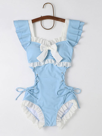 ライトスカイブルー甘いロリータ水着 フリル リボン レースアップ ノースリーブ ジャンプスーツ ピンク