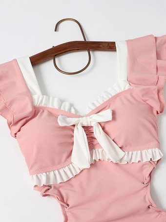 甘いロリータ水着 フリル リボン レースアップ ノースリーブ ジャンプスーツ ピンク