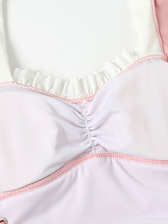 甘いロリータ水着 フリル リボン レースアップ ノースリーブ ジャンプスーツ ピンク