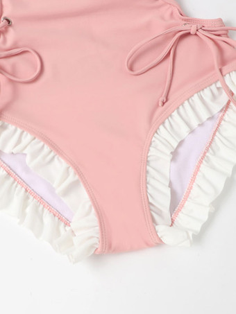 甘いロリータ水着 フリル リボン レースアップ ノースリーブ ジャンプスーツ ピンク