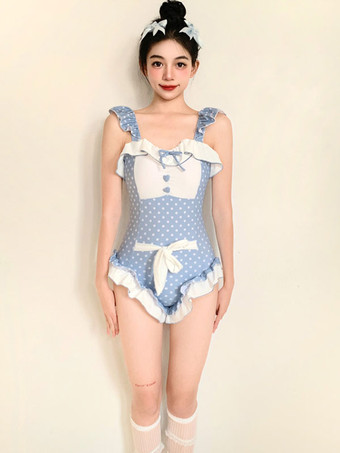 スウィートロリータ水着 ライトスカイブルー リボン フリル 水玉 ノースリーブ ジャンプスーツ