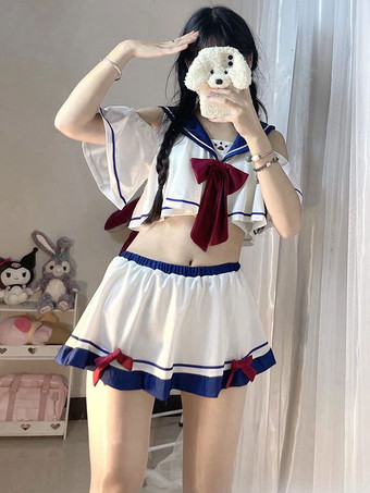 甘ロリータ水着 ホワイト リボン 半袖 トップス パンツ