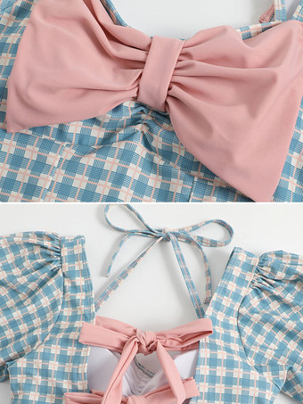スウィートロリータ衣装 ライトスカイブルー チェック柄 リボン フリル 半袖 ジャンプスーツ