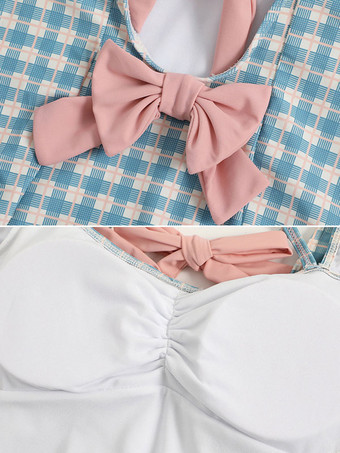 スウィートロリータ衣装 ライトスカイブルー チェック柄 リボン フリル 半袖 ジャンプスーツ