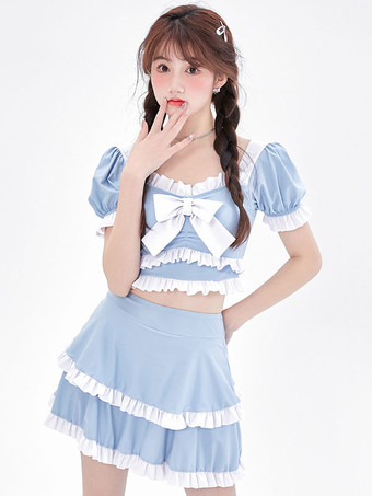 甘ロリータ衣装 ライトスカイブルー リボン フリル 半袖 トップス パンツ