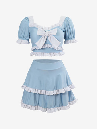 甘ロリータ衣装 ライトスカイブルー リボン フリル 半袖 トップス パンツ