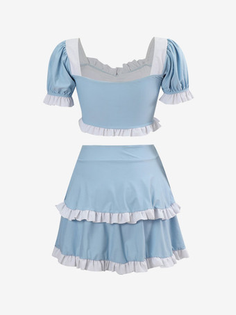 甘ロリータ衣装 ライトスカイブルー リボン フリル 半袖 トップス パンツ