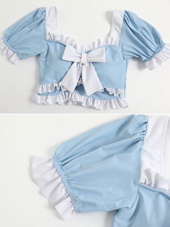 甘ロリータ衣装 ライトスカイブルー リボン フリル 半袖 トップス パンツ