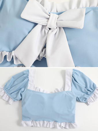 甘ロリータ衣装 ライトスカイブルー リボン フリル 半袖 トップス パンツ