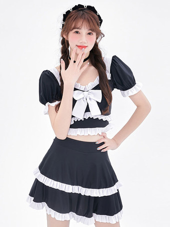 ブラック 甘ロリータ衣装 ライトスカイブルー リボン フリル 半袖 トップス パンツ