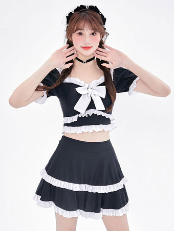 甘ロリータ衣装 ライトスカイブルー リボン フリル 半袖 トップス パンツ