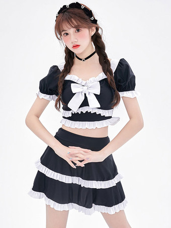 甘ロリータ衣装 ライトスカイブルー リボン フリル 半袖 トップス パンツ