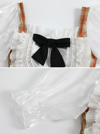 スウィートロリータ衣装 ホワイト フリル リボン チェック柄 半袖 ジャンプスーツ