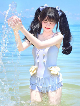 スウィートロリータ衣装 ライトスカイブルー リボン フリル ノースリーブ ジャンプスーツ