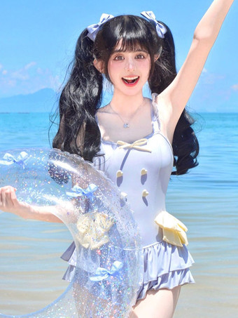 ライトスカイブルースウィートロリータ衣装 ライトスカイブルー リボン フリル ノースリーブ ジャンプスーツ