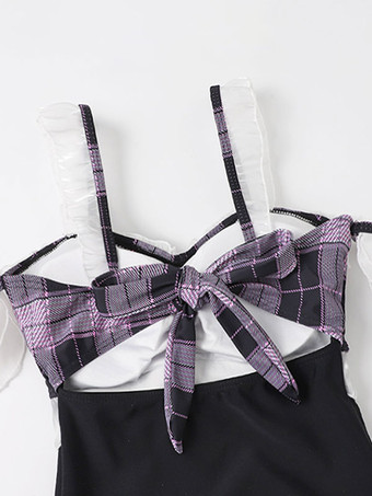 スウィートロリータ衣装 ブラック フリル チェック柄 ノースリーブ ジャンプスーツ