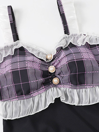 スウィートロリータ衣装 ブラック フリル チェック柄 ノースリーブ ジャンプスーツ