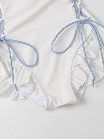 スイートロリータ水着ホワイトレースアップフリルノースリーブワンピース