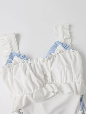 スイートロリータ水着ホワイトレースアップフリルノースリーブワンピース