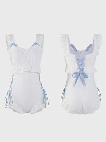 スイートロリータ水着ホワイトレースアップフリルノースリーブワンピース