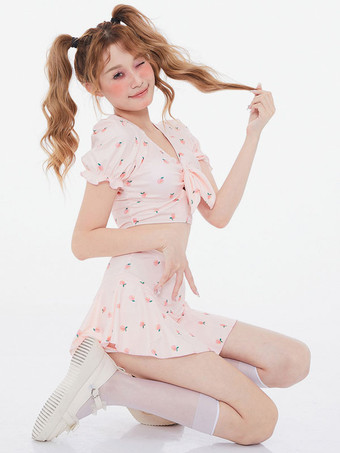 甘いロリータ衣装ピンク花柄半袖パンツ トップ