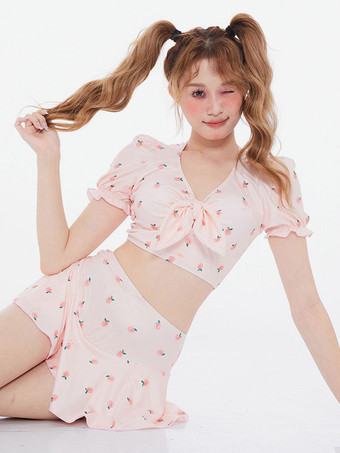 甘いロリータ衣装ピンク花柄半袖パンツ トップ