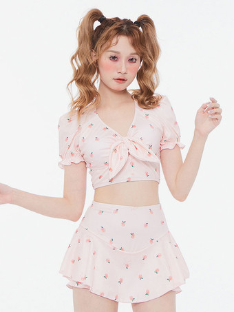 甘いロリータ衣装ピンク花柄半袖パンツ トップ