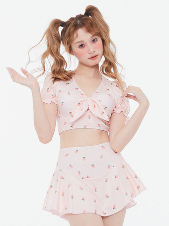 甘いロリータ衣装ピンク花柄半袖パンツ トップ