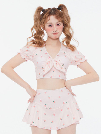 甘いロリータ衣装ピンク花柄半袖パンツ トップ
