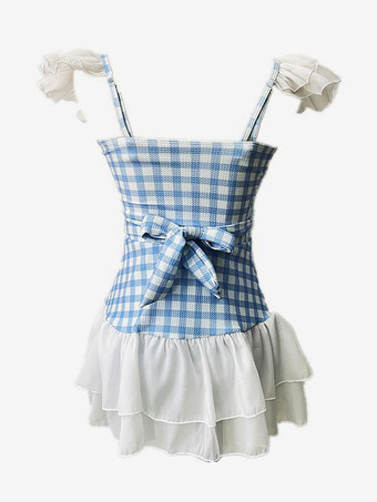 甘いロリータ衣装ピンク フリル チェック柄ノースリーブ パンツ トップ