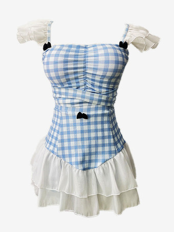 甘いロリータ衣装ピンク フリル チェック柄ノースリーブ パンツ トップ