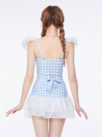 甘いロリータ衣装ピンク フリル チェック柄ノースリーブ パンツ トップ