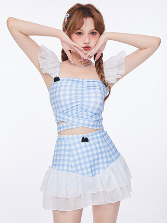 甘いロリータ衣装ピンク フリル チェック柄ノースリーブ パンツ トップ