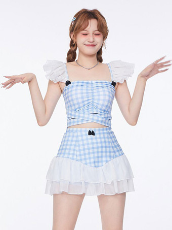 甘いロリータ衣装ピンク フリル チェック柄ノースリーブ パンツ トップ
