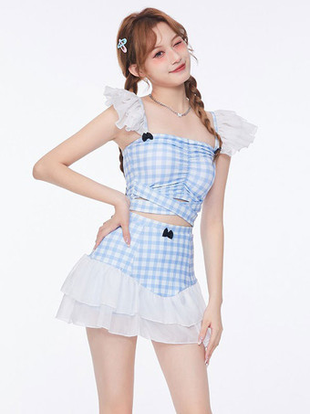 甘いロリータ衣装ピンク フリル チェック柄ノースリーブ パンツ トップ