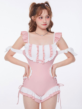 甘ロリータ衣装 ピンク フリル リボン ノースリーブ ジャンプスーツ