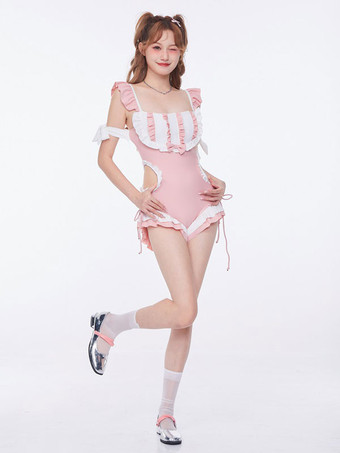 甘ロリータ衣装 ピンク フリル リボン ノースリーブ ジャンプスーツ