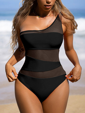 女性ワンピース水着オレンジレッドカラーブロックパイピングワンショルダーレイヤード夏セクシーな水着